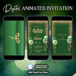 Birthday Dinner Invitation, Dinner Party Animated Invitation, Editable Birthday Digital Video Invitation, Green and Gold Party Video Invite