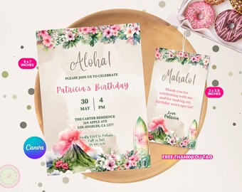 Editable Pink Hawaiian Tropical Birthday Invitation Canva Template, Luau Thank You Tag, Printable Birthday Invitation Template, Gift Tags