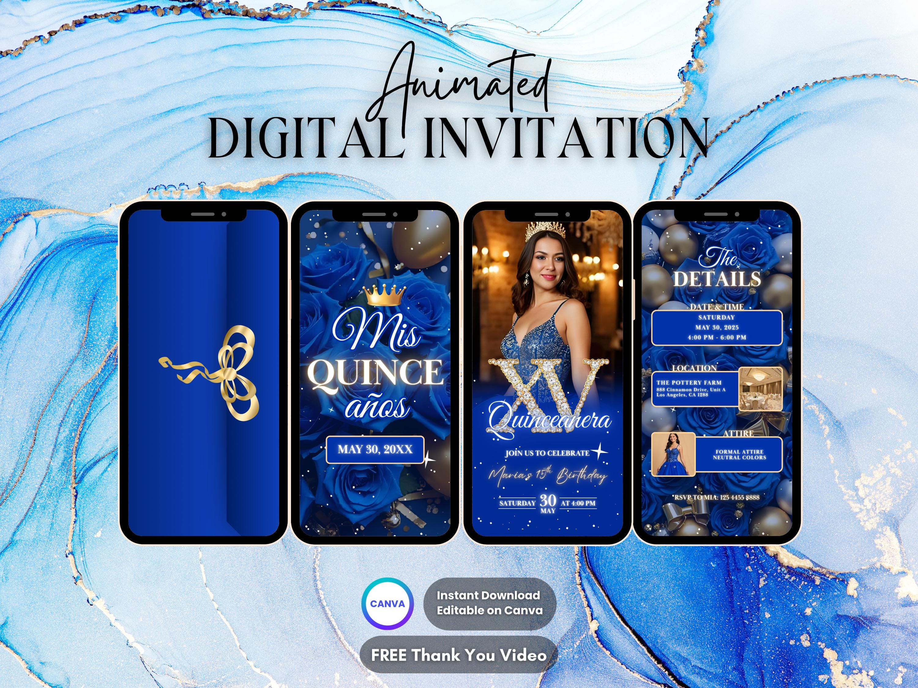 Quinceanera Einladung, Royal Blue Quinceanera animierte Einladung, bearbeitbare digitale Quinceaňera-Einladung, Sweet 16 Mis Quince Años