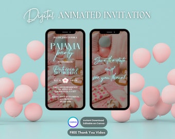 Pajama Party Invitation, Pink Pajama Birthday Animated Invitation, Editable Slumber Party Video Invitation, Sleepover Digital Video Invite