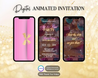 Pink Sip & Paint Invitation, Sip and Paint Party Animated Invitation, Editable Paint Party Digital Video Invite, Cute Art Party Evite