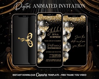 Surprise Party Invitation, Black and Gold Surprise Animated Invitation, Surprise Birthday Video Invitation, Shhh Surprise Party Video Invite