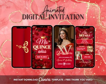 Quinceanera Invitation, Red Quinceanera Party Animated Invitation, Editable Quinceañera Digital Video Invitation, Sweet 16 Mis Quince Años