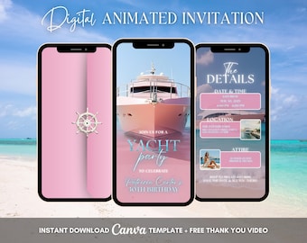 Uitnodiging voor feest roze jacht, geanimeerde uitnodiging boot feest, bewerkbare uitnodiging video-feestje jacht, digitale uitnodiging boot, jacht uitnodigen