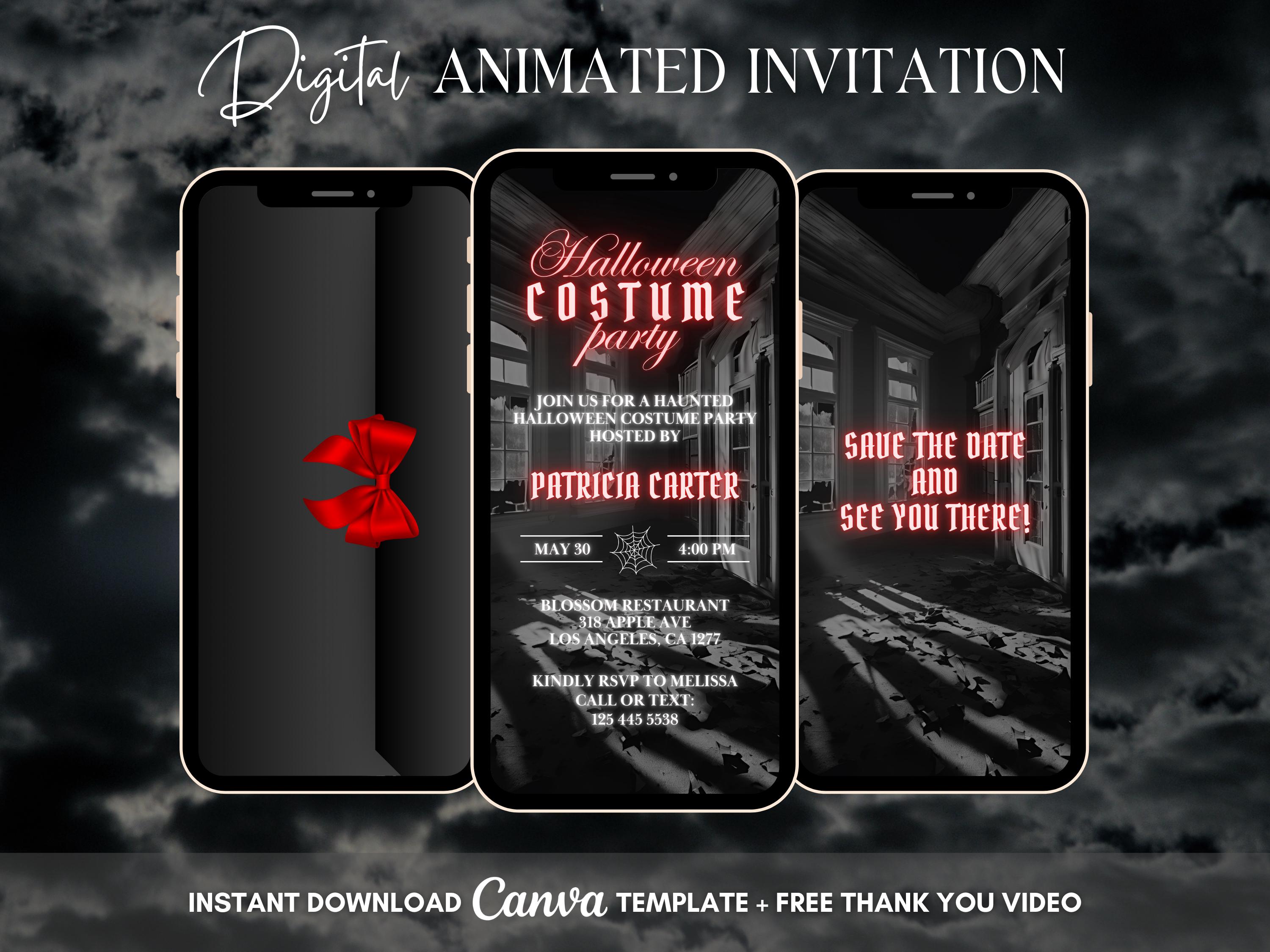 Halloween Costume Party Invitation, Red Halloween Animated Invitation, Editable Haunted House Digital Video Invite, Let's Get Spooky Evite