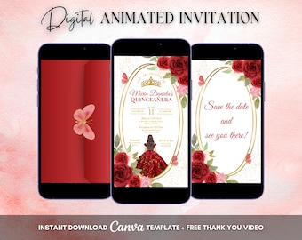 Quinceanera Invitation, Red Quinceanera Animated Invitation, Editable Quinceañera Digital Video Invitation, Sweet 16 Quince Video Invite