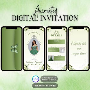 Quinceanera Invitation, Quinceanera Animated Invitation, Editable Green Silver Quinceañera Party Digital Video Invitation, 16th Quince Evite