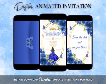 Quinceanera Invitation, Royal Blue Quinceanera Animated Invitation, Editable Quinceañera Digital Video Invitation, Sweet 16 Quince Evite