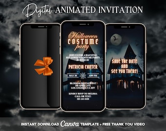 Halloween Costume Party Invitation, Orange Halloween Animated Invitation, Editable Haunted House Digital Video Invite, Let&#39;s Get Spooky
