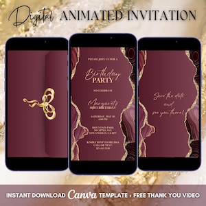 May include: Three smartphones displaying a digital animated invitation. The invitation features a burgundy background with gold accents and text. The text reads "Digital Animated Invitation", "Birthday Party", and "Save the date and see you there!"