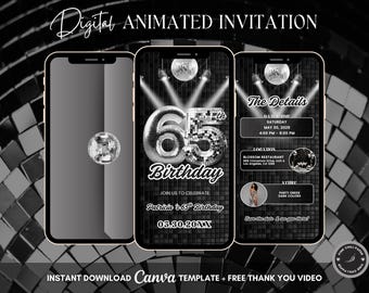 65th Disco Birthday Animated Invitation, Editable Groovy Dance Party Digital Video Invite Template, Evite