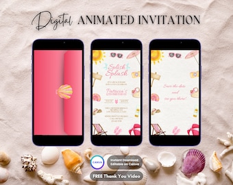 Splish Splash Beach Invitation, Pink Beach Birthday Animated Invitation, Editable Beach Party Video Invitation, Summer Pool Party Invite