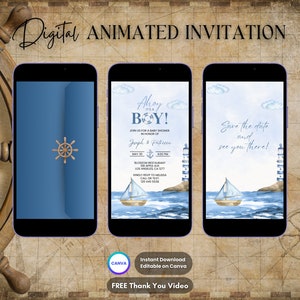 Ahoy It's A Boy Invitation, invito animato per baby shower, invito video digitale modificabile per neonati nautici, festa in barca a vela per neonati blu