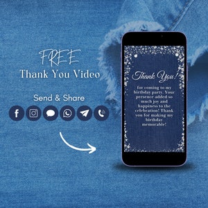 Puede incluir: Una plantilla de video de agradecimiento gratuita para una fiesta de cumplea&ntilde;os. El video presenta un fondo de mezclilla azul con brillo plateado y el texto "&iexcl;Gracias!" con un mensaje agradeciendo a los invitados por asistir a la fiesta de cumplea&ntilde;os. El video se puede compartir en plataformas de redes sociales como Facebook, Instagram, WhatsApp, y m&aacute;s.