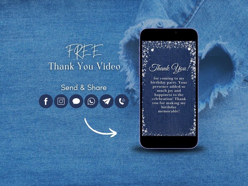 Puede incluir: Una plantilla de video de agradecimiento gratuita para una fiesta de cumplea&ntilde;os. El video presenta un fondo de mezclilla azul con brillo plateado y el texto "&iexcl;Gracias!" con un mensaje agradeciendo a los invitados por asistir a la fiesta de cumplea&ntilde;os. El video se puede compartir en plataformas de redes sociales como Facebook, Instagram, WhatsApp, y m&aacute;s.