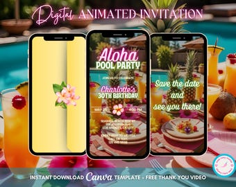 Aloha Luau Invitation, Tropical Pool Party Animated Invitation, Editable Birthday Luau Digital Invitation, Tiki Party Video Invite