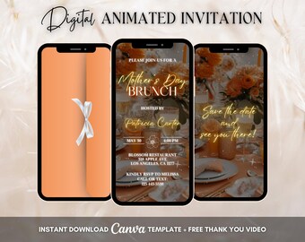 Orange Mother's Day Invitation, Mother's Day Brunch Animated Invitation, Editable Mother's Day Digital Video Invite, Happy Mother's Day