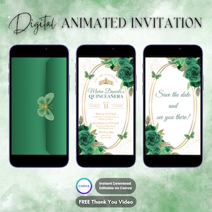Quinceanera Invitation, Emerald Green Quinceanera Animated Invitation, Editable Quinceañera Digital Video Invitation, Sweet 16 Quince Evite