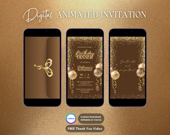 Birthday Dinner Invitation, Dinner Party Animated Invitation, Editable Birthday Digital Video Invitation, Brown and Gold Party Video Invite