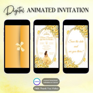 Quinceanera Invitation, Yellow Quinceanera Animated Invitation, Editable Quinceañera Digital Video Invitation, Sweet 16 Quince Video Invite