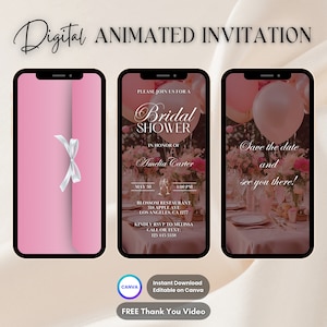 Pink Floral Bridal Shower Invitation, Bridal Shower Animated Invitation, Editable Bridal Party Digital Video Invite, Bachelorette Bach Party