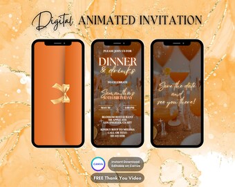 Inbjudan till middag och dryck, animerad inbjudan till orangeguld födelsedagsmiddag, redigerbar digital videoinbjudan till födelsedagsfest, middagsbjudning