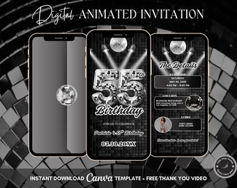 55th Disco Birthday Animated Invitation, Editable Groovy Dance Party Digital Video Invite Template, Evite