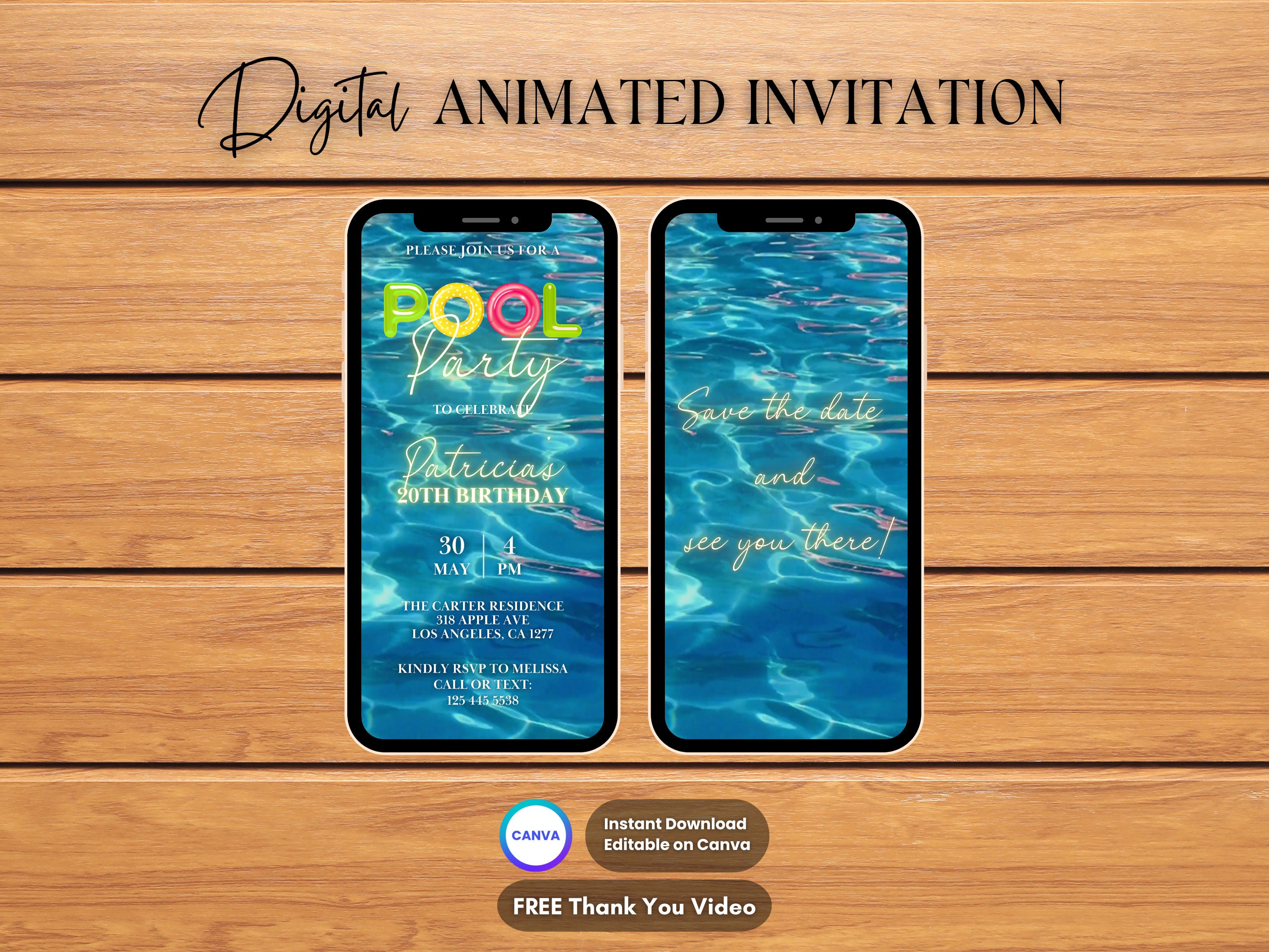 Pool Party Invitation, Pool Birthday Party Animated Invitation, Electronic Pool Party Invitation, Digital Invitation Video, Canva Template