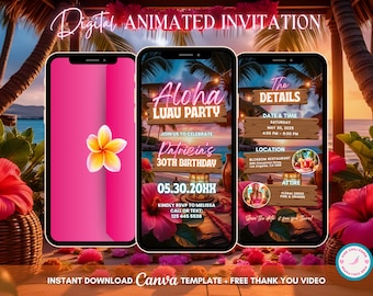 Aloha Luau Invitation, Tropical Party Animated Invitation, Editable Birthday Invitation, Luau Digital Invitation, Tiki Party Video Invite