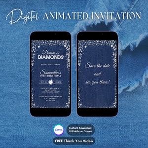 Puede incluir: Una invitaci&oacute;n digital para una fiesta de cumplea&ntilde;os n&uacute;mero 40 con tem&aacute;tica de mezclilla y diamantes. La invitaci&oacute;n se muestra en la pantalla de un tel&eacute;fono inteligente y presenta un fondo de mezclilla azul con brillo plateado y el texto "Denim & Diamonds" y "Samantha's 40th Birthday".