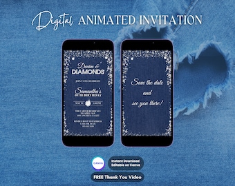 Denim and Diamonds Invitation, Denim & Diamonds Animated Invitation, Editable Denim Diamonds Video Invite, Denim and Diamond Party Invite