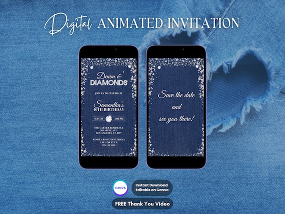 Denim and Diamonds Invitation, Denim & Diamonds Animated Invitation, Editable Denim Diamonds Video Invite, Denim and Diamond Party Invite