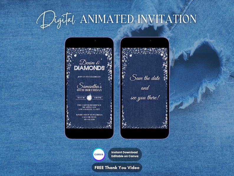 Puede incluir: Una invitaci&oacute;n digital para una fiesta de cumplea&ntilde;os n&uacute;mero 40 con tem&aacute;tica de mezclilla y diamantes. La invitaci&oacute;n se muestra en la pantalla de un tel&eacute;fono inteligente y presenta un fondo de mezclilla azul con brillo plateado y el texto "Denim & Diamonds" y "Samantha's 40th Birthday".