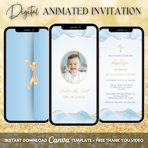 Op de afbeelding: Digitale geanimeerde doopuitnodiging weergegeven op drie smartphones. Het ontwerp bevat een babyfoto, blauwe en gouden accenten en evenementdetails. De tekst luidt "Digital Animated Invitation".