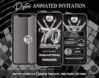 70th Disco Birthday Animated Invitation, Editable Groovy Dance Party Digital Video Invite Template, Evite