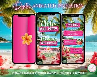 Aloha Luau Invitation, Tropical Party Animated Invitation, Editable Birthday Invitation, Luau Digital Invitation, Tiki Party Video Invite