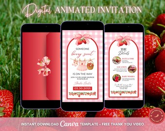 Berry Sweet Baby Shower Invitation, Pink Strawberry Animated Invitation, Editable Berry Baby Shower Party Digital Video Invite Template
