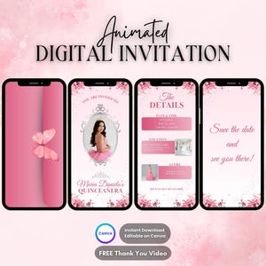 Quinceanera Invitation, Quinceanera Animated Invitation, Editable Pink Silver Quinceañera Party Digital Video Invitation, 16th Quince Evite