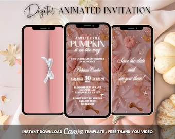 May include: Digital animated invitation for a baby shower. The design features three smartphones displaying a pink invitation with the text "A Sweet Little Pumpkin is on the Way." The invitation includes details like the date, time, and location. The background includes pumpkins and fall foliage.