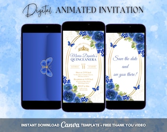 Quinceanera Invitation, Royal Blue Quinceanera Animated Invitation, Editable Quinceañera Digital Video Invitation, Sweet 16 Quince Evite