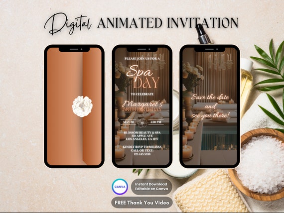 Spa Birthday Party Invitation, Spa Day Animated Invitation, Editable Pamper Party Digital Video Invite, Girl's Night, Manicure Pedicure