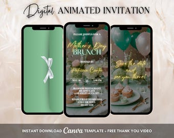 Green Mother's Day Invitation, Mother's Day Brunch Animated Invitation, Editable Mother's Day Digital Video Invite, Happy Mother's Day Party