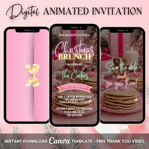 Pink Christmas Brunch Invitation, Pink Christmas Brunch Animated Invitation, Editable Holiday Brunch Digital Video Invite, Christmas Party