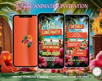 Aloha Luau Invitation, Tropical Party Animated Invitation, Editable Birthday Invitation, Luau Digital Invitation, Tiki Party Video Invite