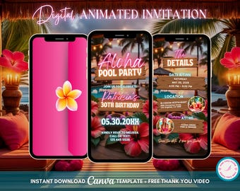Aloha Luau Invitation, Tropical Pool Party Animated Invitation, Editable Birthday Luau Digital Invitation, Tiki Party Video Invite