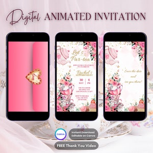 Tea Party Invitation, Editable Whimsical Tea Birthday Animated Invitation, Pink & Gold Par-tea Digital Invitation Video, High Tea Floral