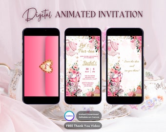 Tea Party Invitation, Editable Whimsical Tea Birthday Animated Invitation, Pink & Gold Par-tea Digital Invitation Video, High Tea Floral