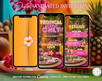 Aloha Luau Invitation, Tropical Party Animated Invitation, Editable Graduation Invitation, Luau Digital Invitation, Tiki Party Video Invite