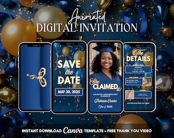 Convite Azul para Festa de Formatura, Convite Animado para Festa de Formatura, Convite Digital Editável em Vídeo para Formatura, Convite "Reserve a Data" para Formatura (Evite)