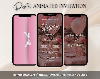 Pink Floral Bridal Shower Invitation, Bridal Shower Animated Invitation, Editable Bridal Party Digital Video Invite, Bachelorette Bach Party